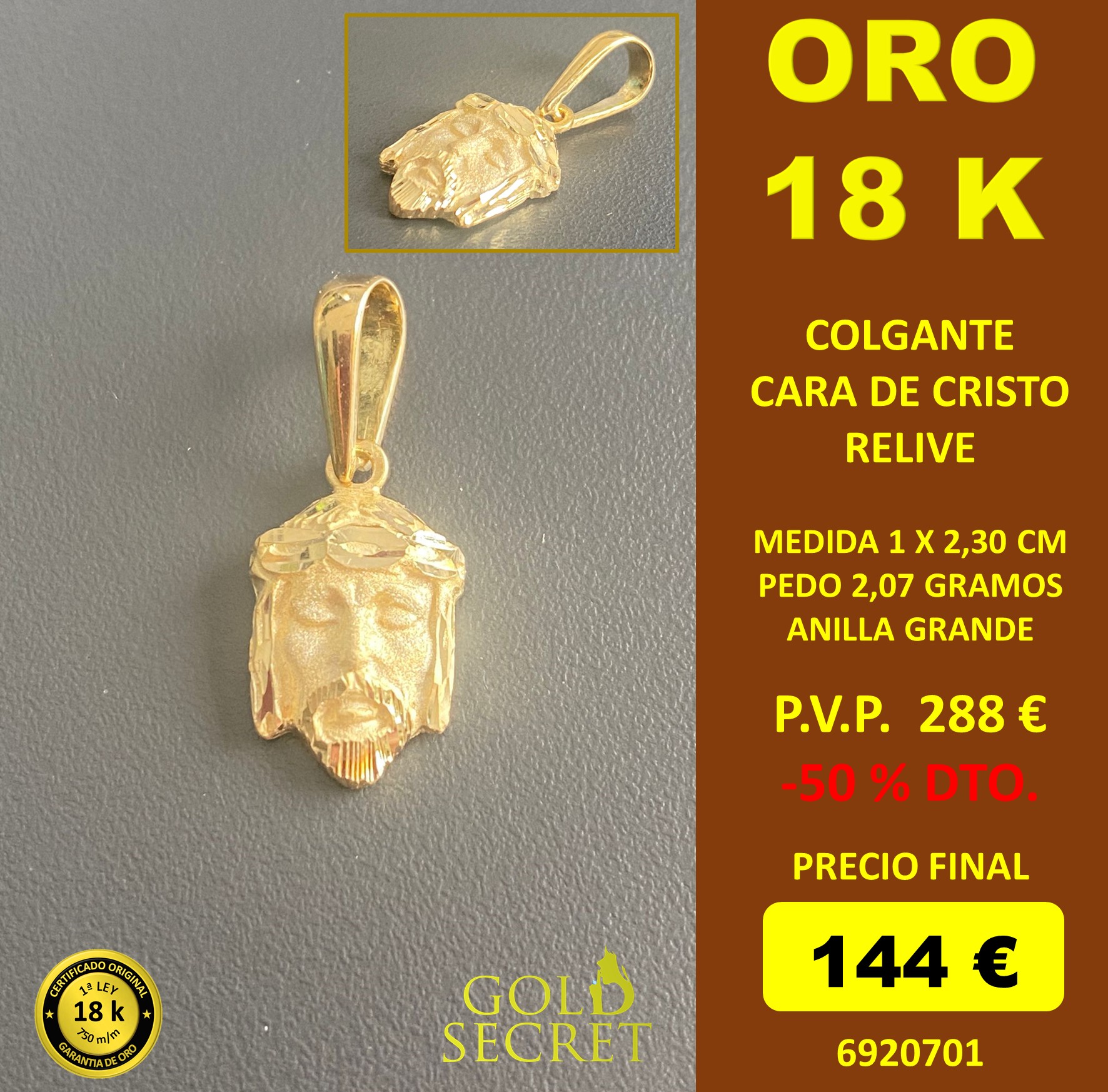 COLGANTE CARA CRISTO PEQUEÑO ORO KILATES - Gold Secret