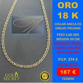 Cadena / Collar CD ANCLA 2,50 MM 50 CM ORO 18 Kilates
