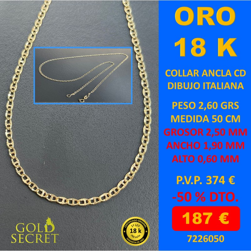 Sensible Poderoso Dramaturgo Cadena / Collar CD ANCLA 2,50 MM 50 CM ORO 18 Kilates - Gold Secret