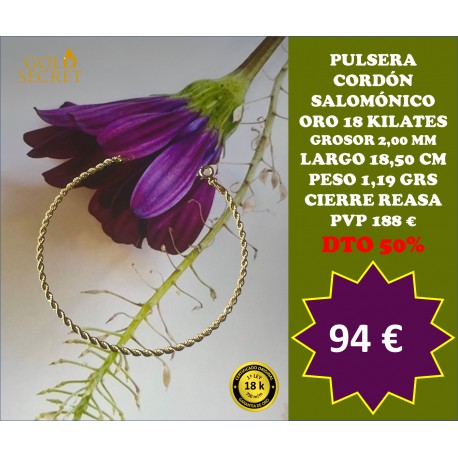 Pulsera Cordón 2,00 mm 18,50 Cm Oro 18 Kilates