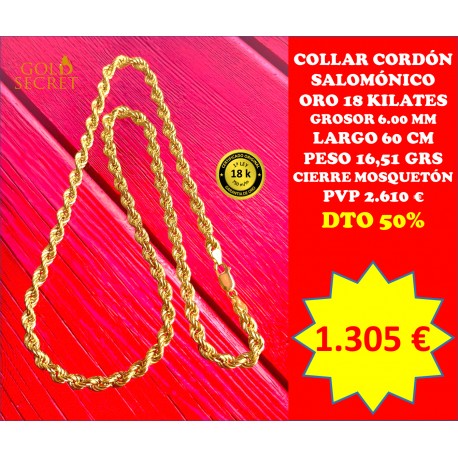 Collar Cordón Salomónico 6,00 mm 60 Cm Oro 18 Kilates