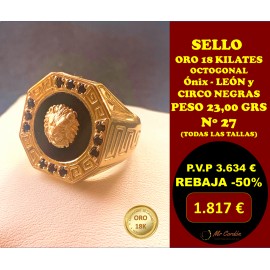 Sello Caballero Octogonal Ónix con León Oro 18 Kilates