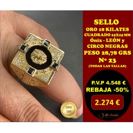 Sello Caballero Cuadrado Ónix con León Oro 18 Kilates